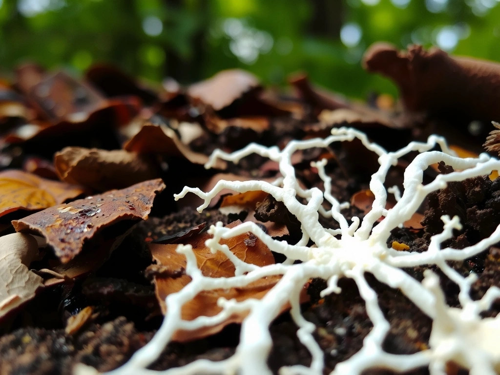Réseau de mycélium en croissance sur sol humide